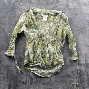 LaRok Shirt Women Small Green 1/4 Sleeve Floral Blouse Pullover